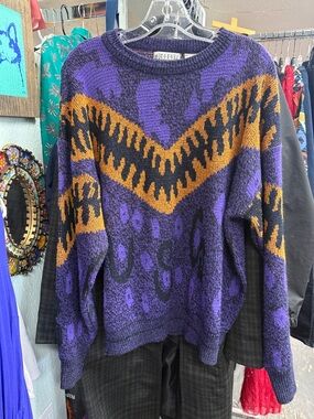 Vintage City Streets Purple and Gold Patterned Crewneck Sweater